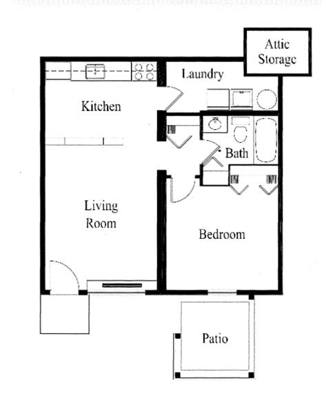 Floor plan for 1 bed, 1 bath, 576 sqft